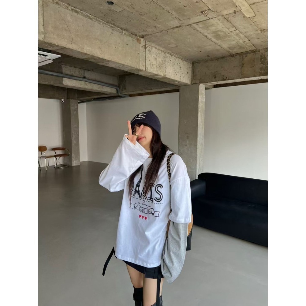 正韓 Paris巴黎袖子撞色T恤 藍色 現貨-細節圖5