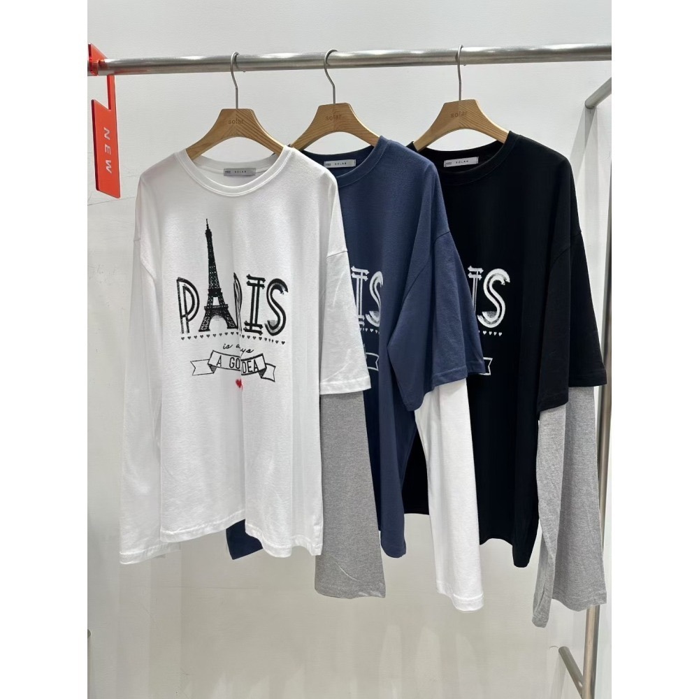正韓 Paris巴黎袖子撞色T恤 藍色 現貨-細節圖6