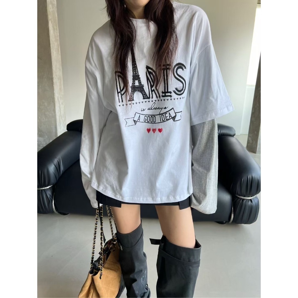 正韓 Paris巴黎袖子撞色T恤 藍色 現貨-規格圖6