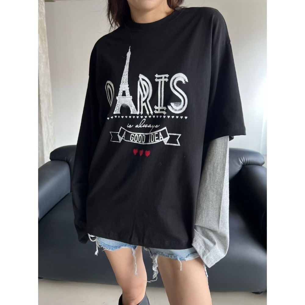 正韓 Paris巴黎袖子撞色T恤 藍色 現貨-規格圖6