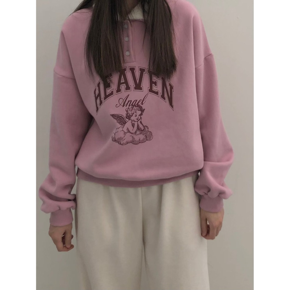 正韓 2way領子造型內刷毛天使大學T 粉色 現貨-細節圖2