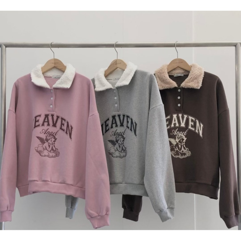 正韓 2way領子造型內刷毛天使大學T 粉色 現貨-細節圖5