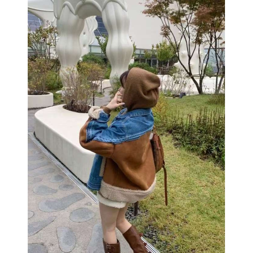 正韓 牛仔拼接羔羊材質外套 兩色 預購-細節圖4