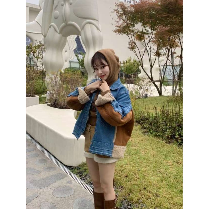 正韓 牛仔拼接羔羊材質外套 兩色 預購-細節圖5