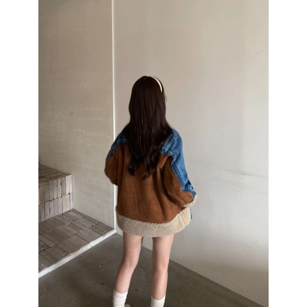 正韓 牛仔拼接羔羊材質外套 藍色 現貨-細節圖2