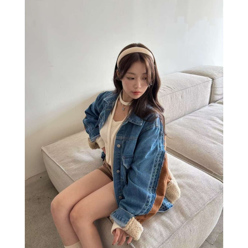 正韓 牛仔拼接羔羊材質外套 藍色 現貨-細節圖3