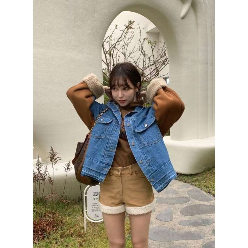 正韓 牛仔拼接羔羊材質外套 藍色 現貨-細節圖6