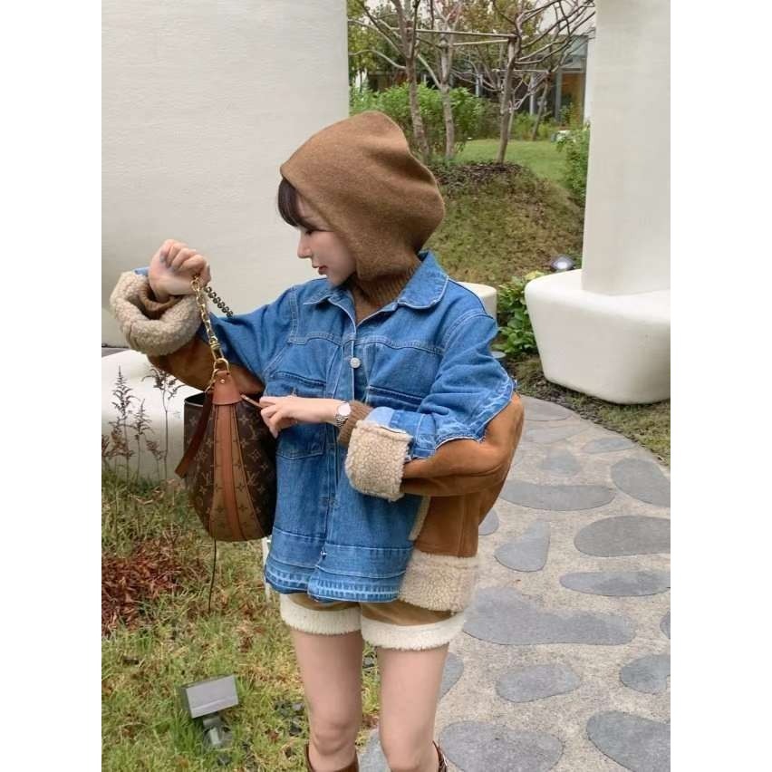 正韓 牛仔拼接羔羊材質外套 藍色 現貨-細節圖7