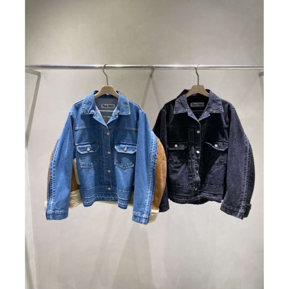 正韓 牛仔拼接羔羊材質外套 藍色 現貨-細節圖8