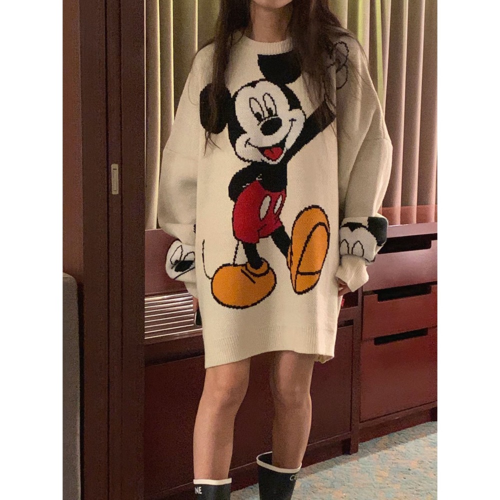 正韓 可愛寬鬆慵懶長板米奇毛衣 白色 現貨-細節圖3