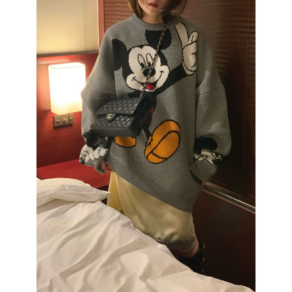 正韓 可愛寬鬆慵懶長板米奇毛衣 白色 現貨-細節圖5