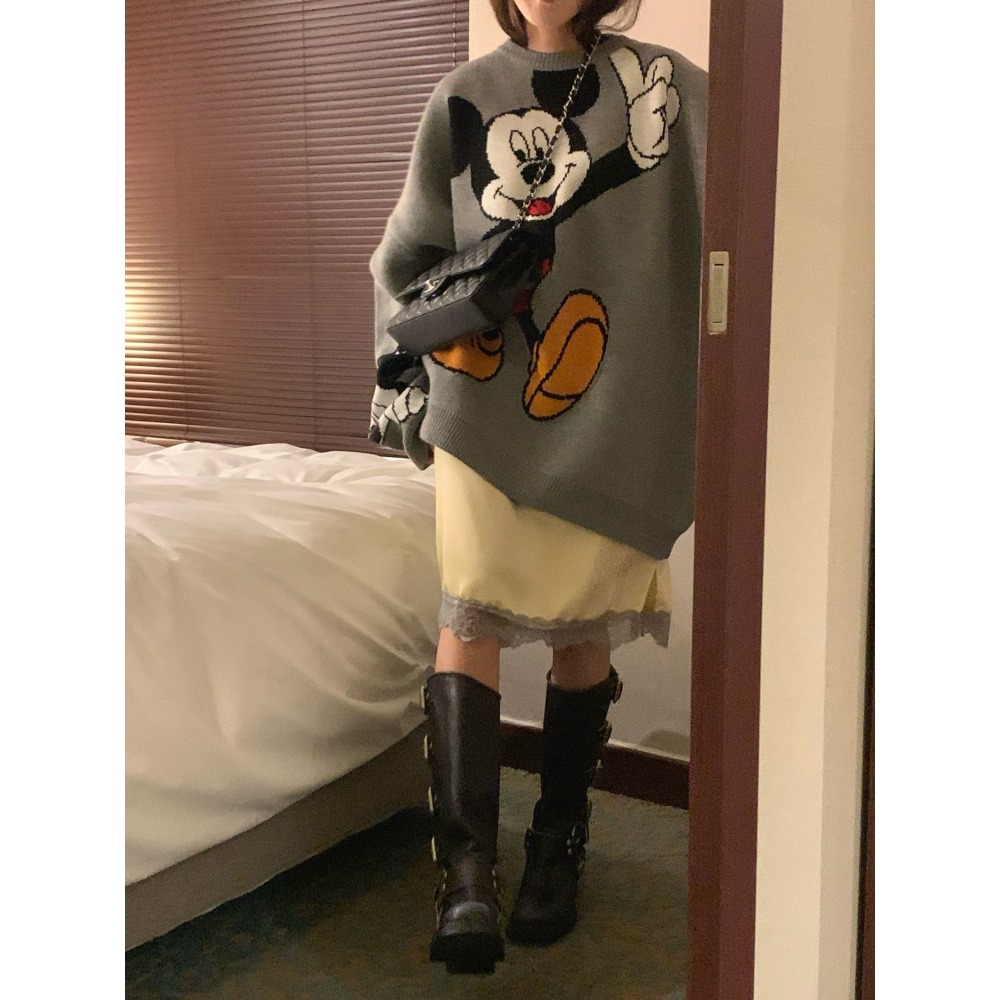 正韓 可愛寬鬆慵懶長板米奇毛衣 白色 現貨-細節圖6