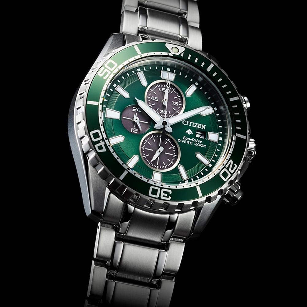 【CITIZEN 星辰】PROMASTER 綠水鬼光動能三眼計時不鏽鋼潛水腕錶/銀x綠面(CA0820-50X)-細節圖4