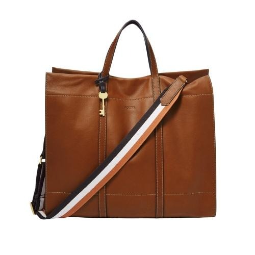 【FOSSIL】Carmen 真皮大容量兩用手提包-咖啡色 ZB7890213(附條紋背帶)-細節圖2