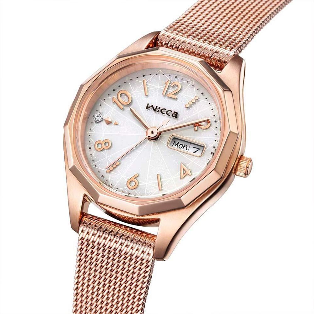 CITIZEN 星辰 Wicca 少女系列太陽能優雅米蘭帶淑女腕錶-玫瑰金 KH3-568-15 手錶-細節圖4