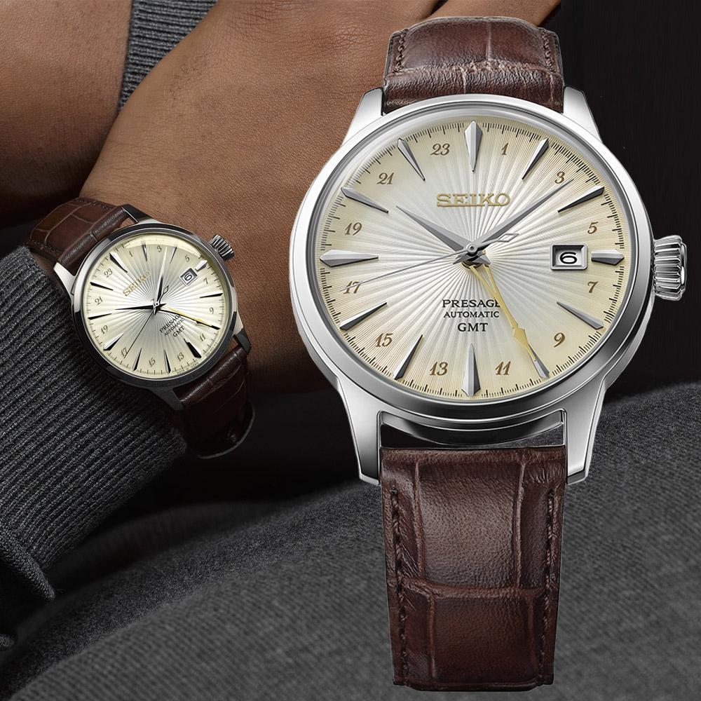 SEIKO 精工 PRESAGE 調酒師 雞尾酒GMT兩地時間機械錶-淡金 SSK041J1/4R34-00-細節圖4