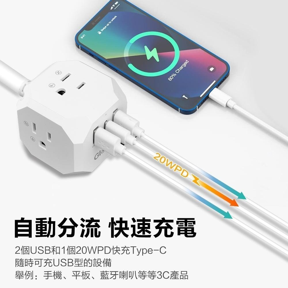 【Glolux】北美品牌 流星錘多功能延長線1.5M(5尺) 白色 3面插座-支援PD 20快充-細節圖8