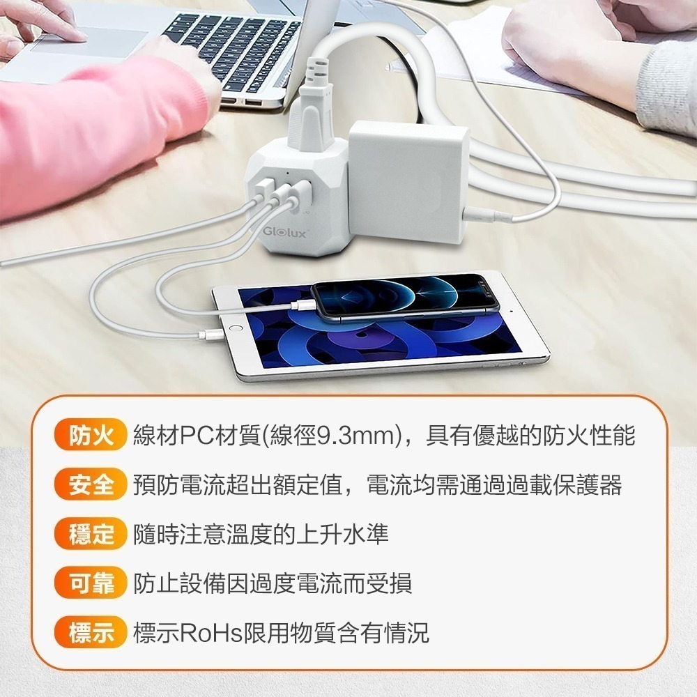 【限時購】【Glolux】流星錘多功能延長線1.5M(5尺) 3面插座-支援PD20快充-細節圖3