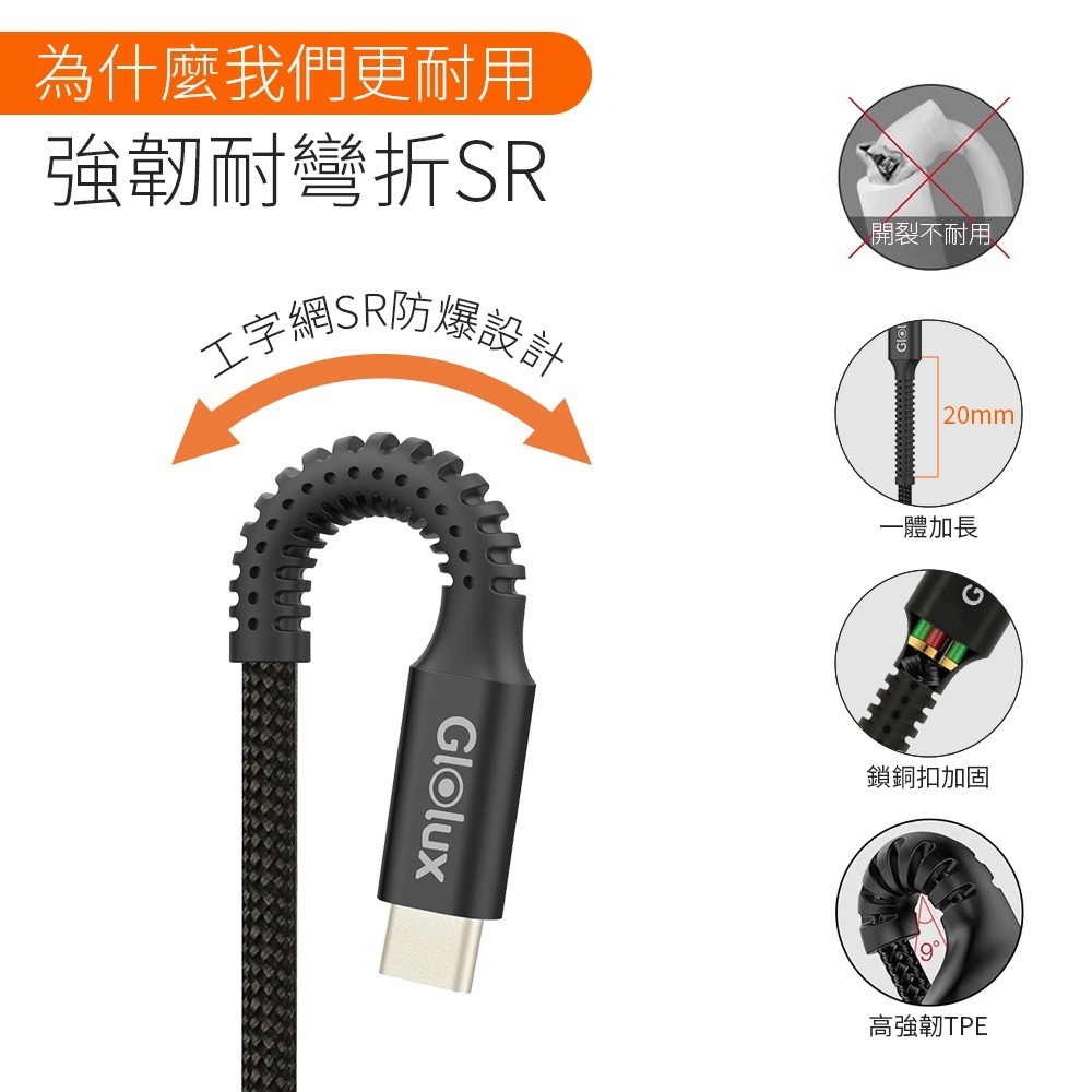 【7-ELEVEN 門市團購】【Glolux】240W 2M編織快充線 曜石黑 快充3.1PD 過SGS15萬次彎折-細節圖6