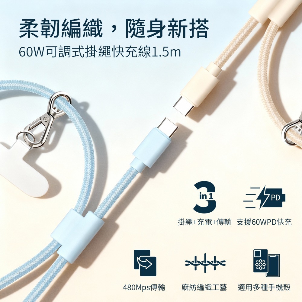 【Glolux】60W 1.5M傳輸線 可調式編織掛繩 快充線 馬卡龍色 充電掛繩 充電線-細節圖2