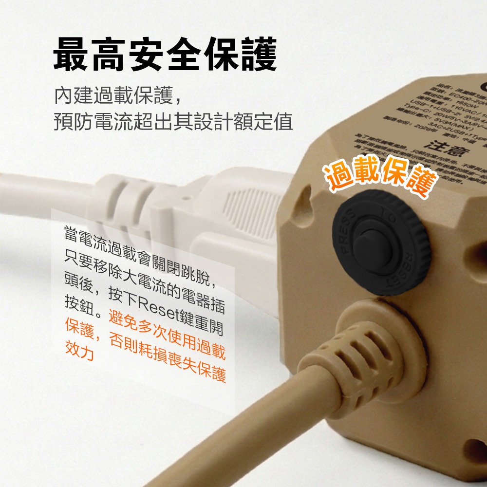 【Glolux 北美品牌】 1.8M流星錘延長線(沙色)｜3 插座＋2 USB＋1Type-C（PD20W）-細節圖6