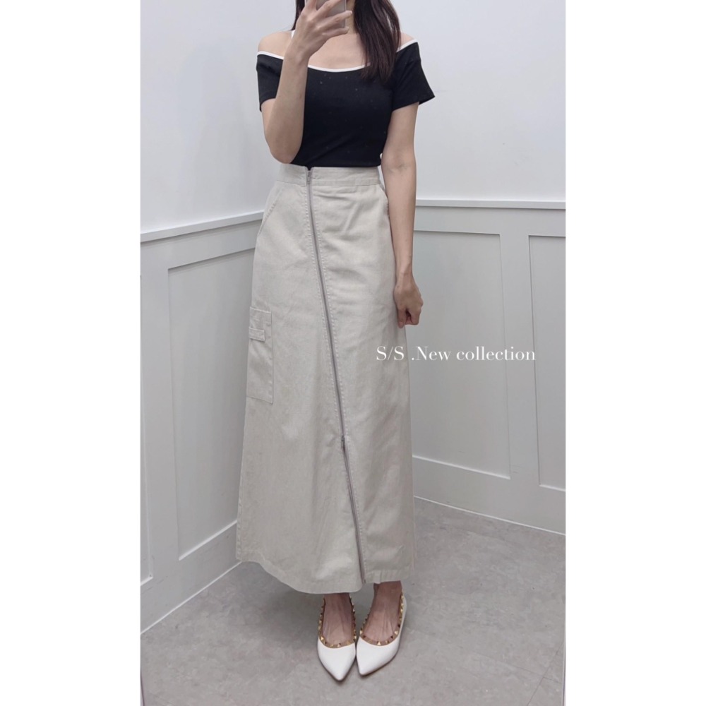 LL78530 後鬆緊雙頭斜拉鏈設計水洗色牛仔長裙-細節圖5