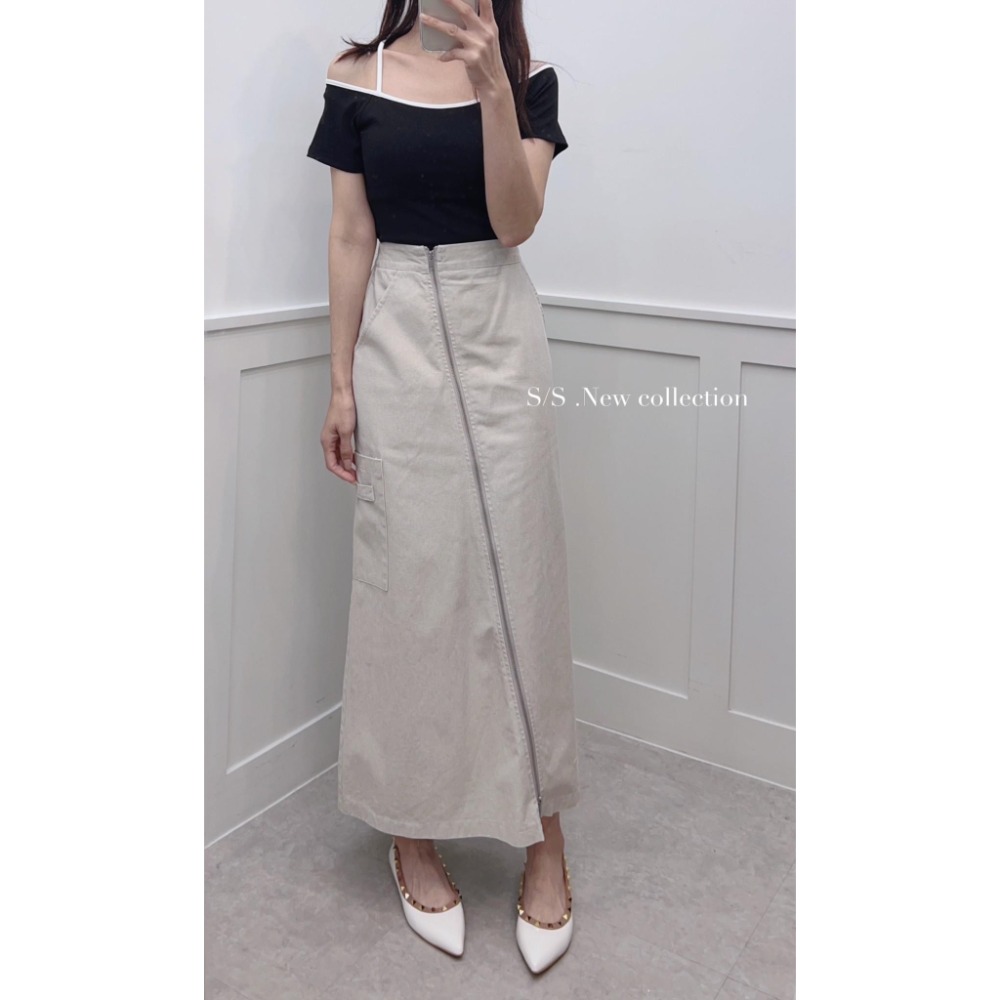 LL78530 後鬆緊雙頭斜拉鏈設計水洗色牛仔長裙-細節圖6