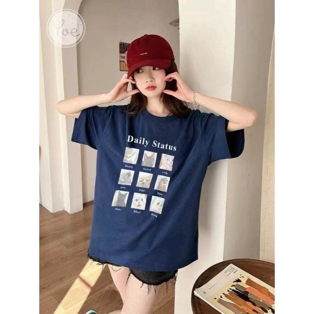 💜LL2255 韓系可愛九宮格貓咪表情印圖寬鬆休閒t  可愛貓咪表情圖❤️ 寬-細節圖5