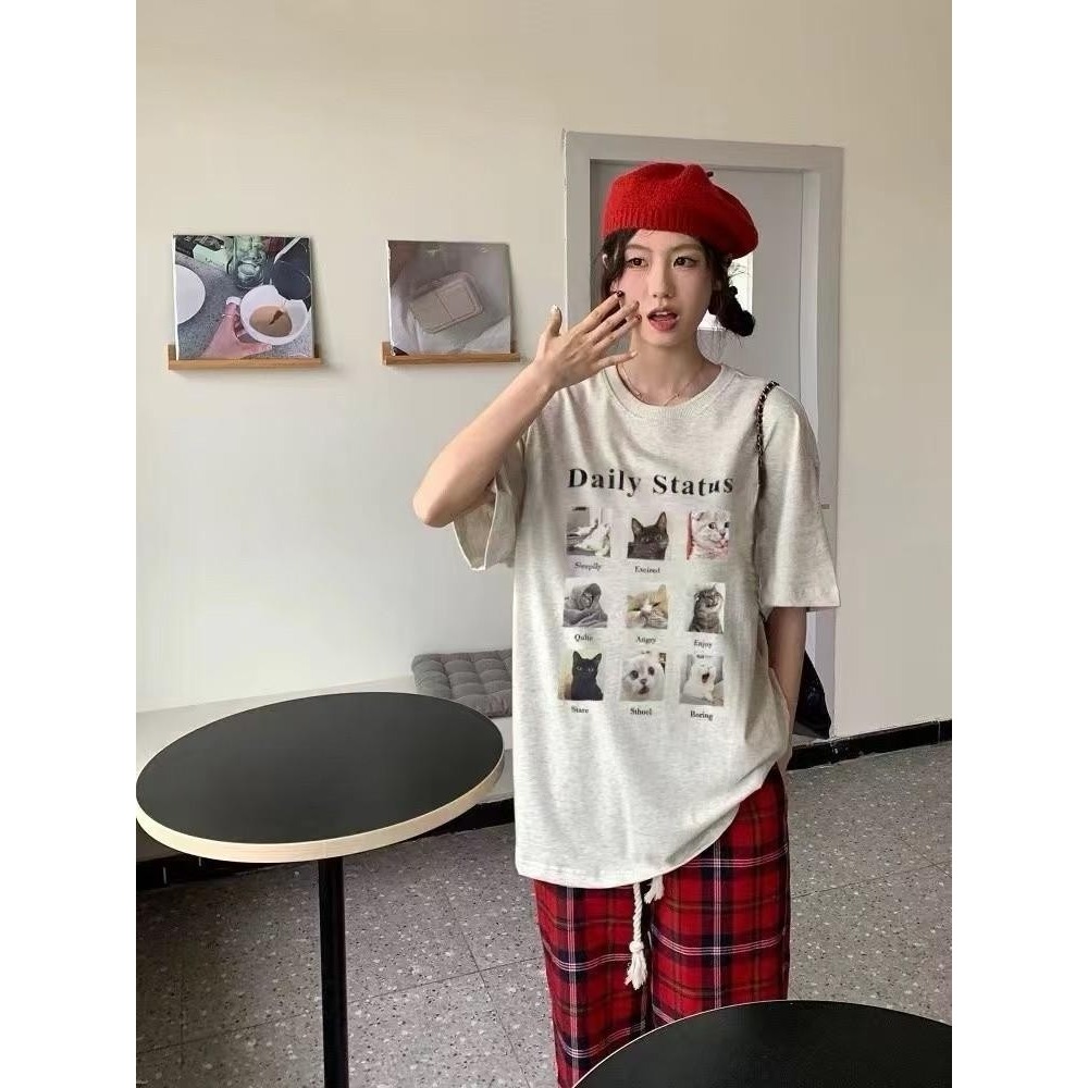 💜LL2255 韓系可愛九宮格貓咪表情印圖寬鬆休閒t  可愛貓咪表情圖❤️ 寬-細節圖6