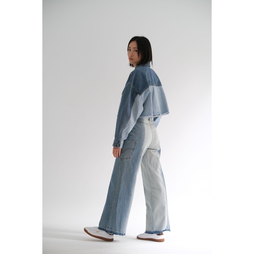 韓國東大門 現貨 正韓雙色拼接水洗牛仔褲-細節圖3