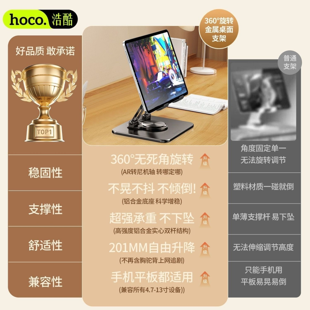 正品hoco.浩酷 全金屬手機平板支架 直播支架 桌上型平板支架 手機支架-細節圖3
