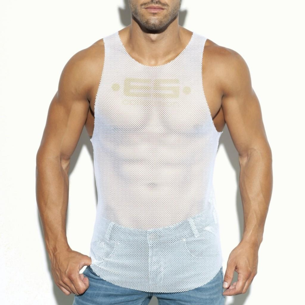 ES Collection 透網運動背心 經典大LOGO ES健身坦克背心 透視感 網眼 網狀上衣 TS261-細節圖4