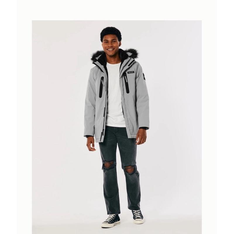 Hollister  刷毛保暖派克大衣 禦寒抓毛夾克外套 人造皮毛刷毛內裡 男版 灰色L號-細節圖2