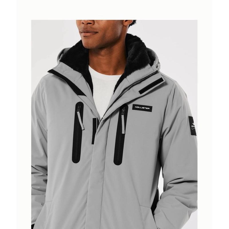 Hollister  刷毛保暖派克大衣 禦寒抓毛夾克外套 人造皮毛刷毛內裡 男版 灰色L號-細節圖5