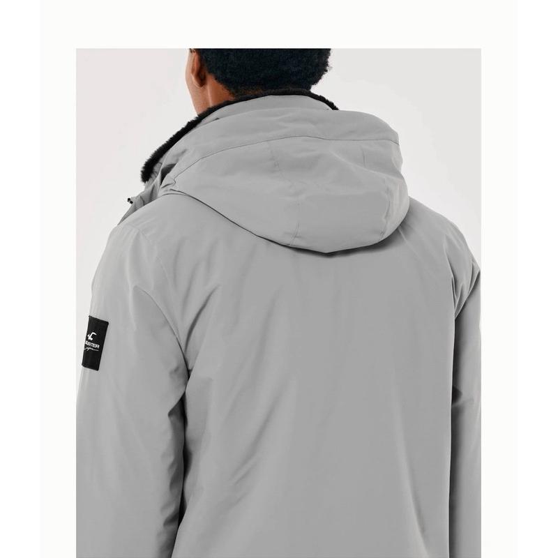 Hollister  刷毛保暖派克大衣 禦寒抓毛夾克外套 人造皮毛刷毛內裡 男版 灰色L號-細節圖6