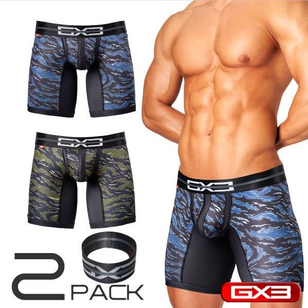 日本GX3 光澤觸感DX迷彩長腿平口褲 附臂環 金屬亮澤長版四角內褲 運動內搭競技摔角褲 2入 K1762-細節圖2