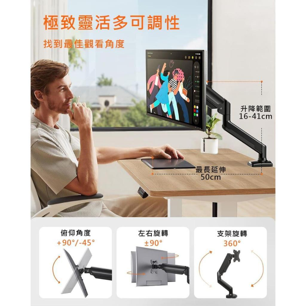 katai 17-30吋氣壓式螢幕架 桌上型螢幕架【桌孔式/桌夾式】【F80升級款】桌上架 電腦架 ITW-S90-細節圖9