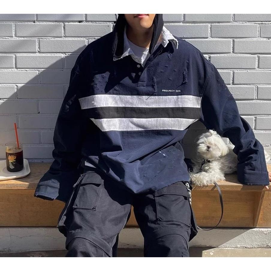 髒染 做舊 破壞 刺繡 字母 潮流 長袖 襯衫-細節圖2