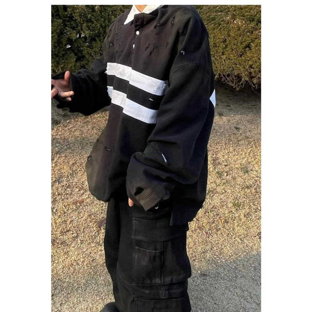 髒染 做舊 破壞 刺繡 字母 潮流 長袖 襯衫-細節圖3