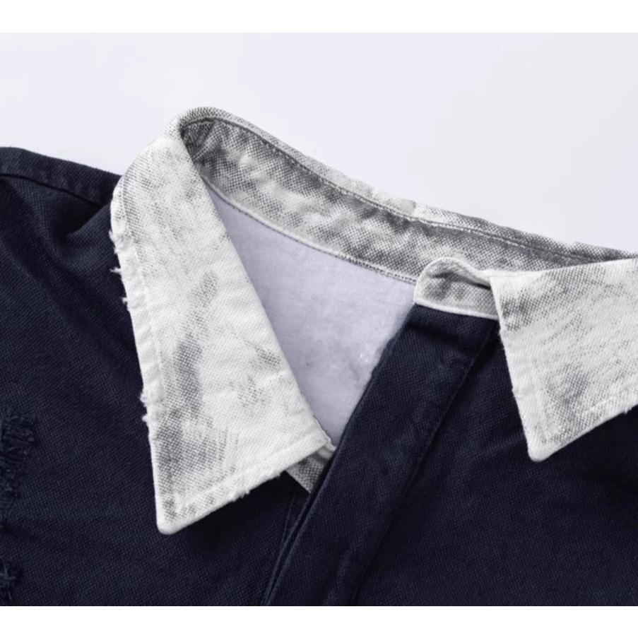 髒染 做舊 破壞 刺繡 字母 潮流 長袖 襯衫-細節圖4