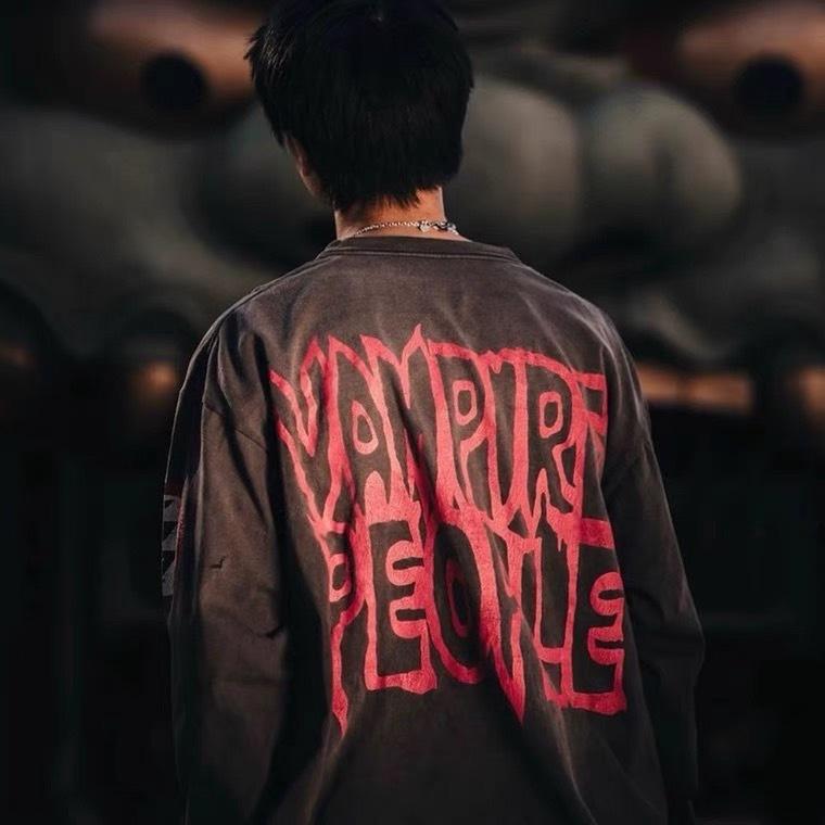 復古 水洗 字母 VAMPIRE PEOPLE LONG SLEEVE 潮流 上衣 長袖 TEE-細節圖4
