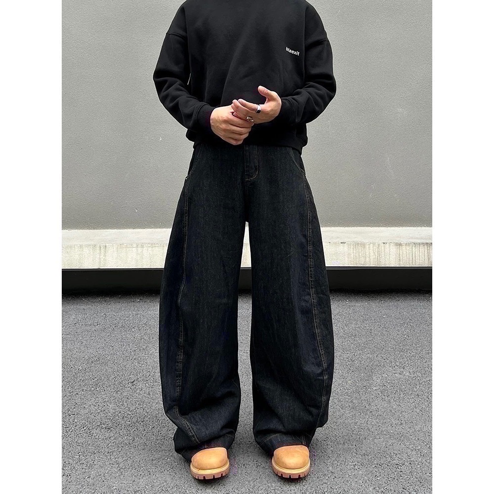 【vanguard選物所】復古黑藍色微彎寬鬆長褲-細節圖2