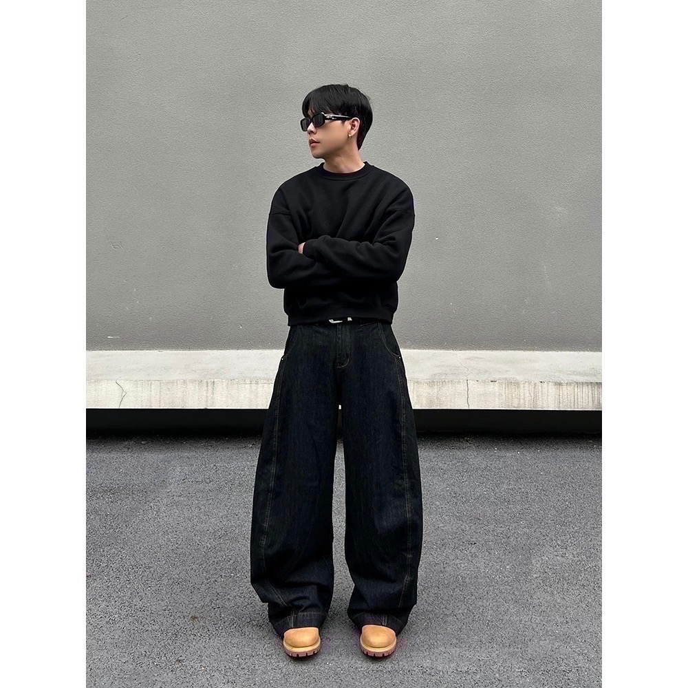 【vanguard選物所】復古黑藍色微彎寬鬆長褲-細節圖5