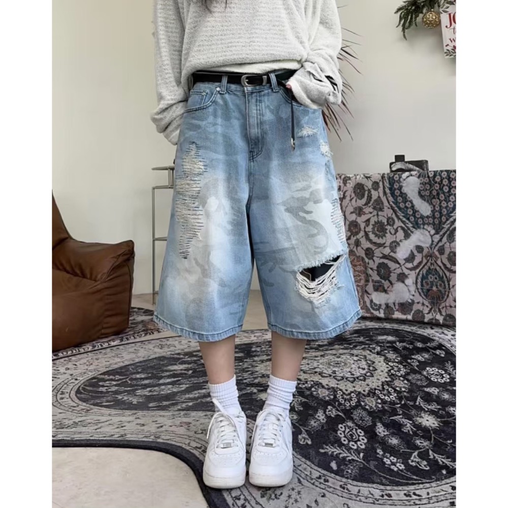 韓國選物🇰🇷迷彩七分造型刷破牛仔褲-細節圖2