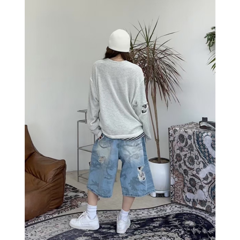 韓國選物🇰🇷迷彩七分造型刷破牛仔褲-細節圖3