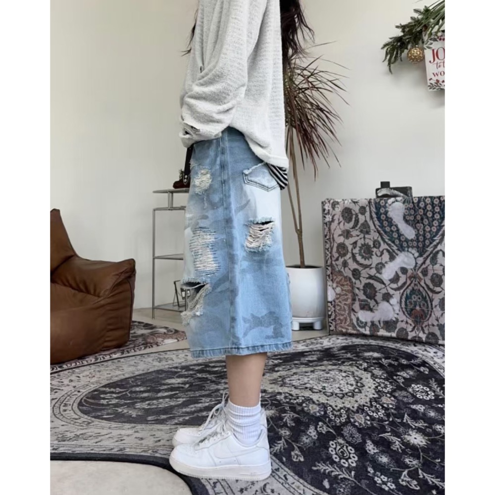 韓國選物🇰🇷迷彩七分造型刷破牛仔褲-細節圖4