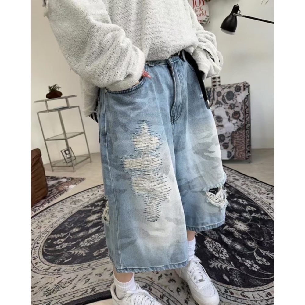 韓國選物🇰🇷迷彩七分造型刷破牛仔褲-細節圖5