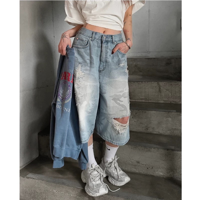 韓國選物🇰🇷迷彩七分造型刷破牛仔褲-細節圖6