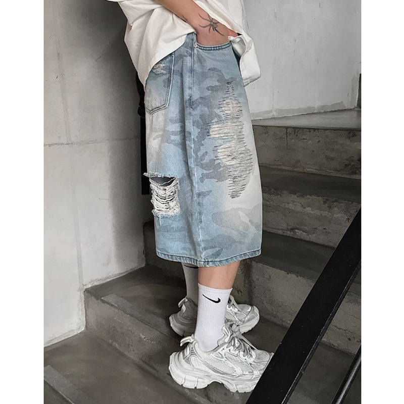 韓國選物🇰🇷迷彩七分造型刷破牛仔褲-細節圖7