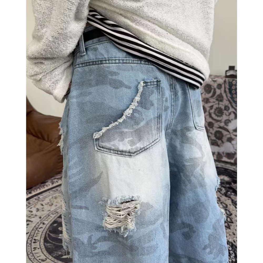 韓國選物🇰🇷迷彩七分造型刷破牛仔褲-細節圖8